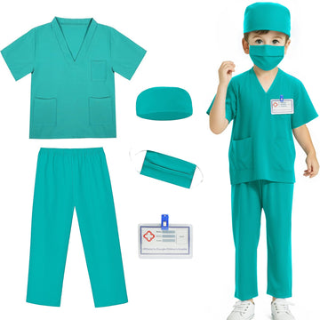 Mizzuco Doctor Costume For Kids,Toddler Nurse Scrubs Halloween Dress Up Cosplay For Boys Girls 3-12 Years (Green, L-130Cm/5-6Yrs