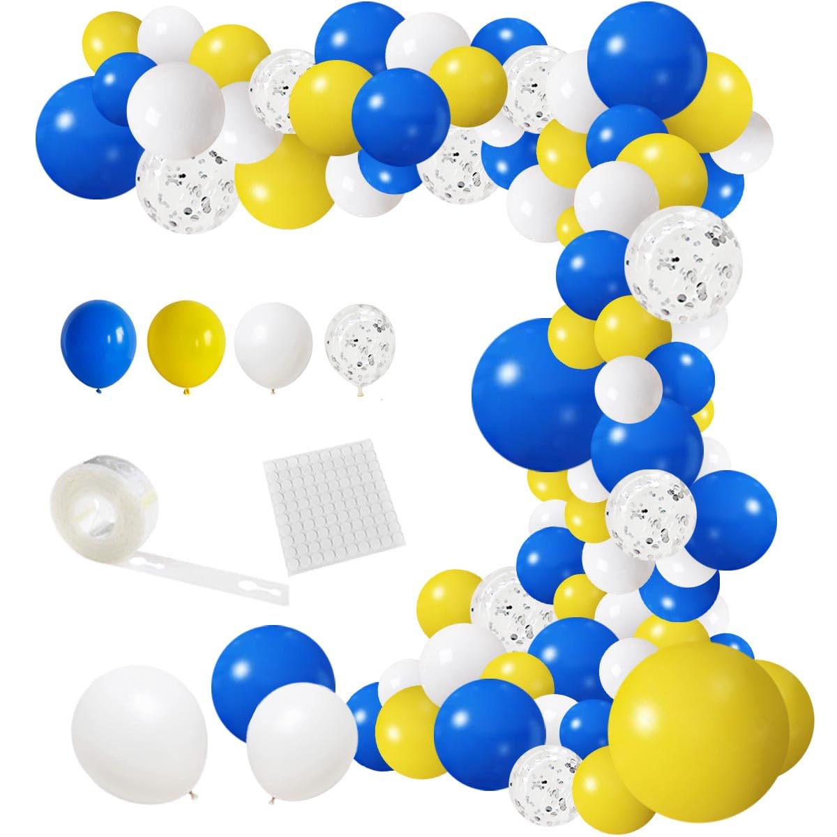 Blue Yellow White Balloon Garland Arch Kit, 116Pcs Royal Blue Yellow White Silver Confetti Balloons For Birthday Bridal Baby Sho