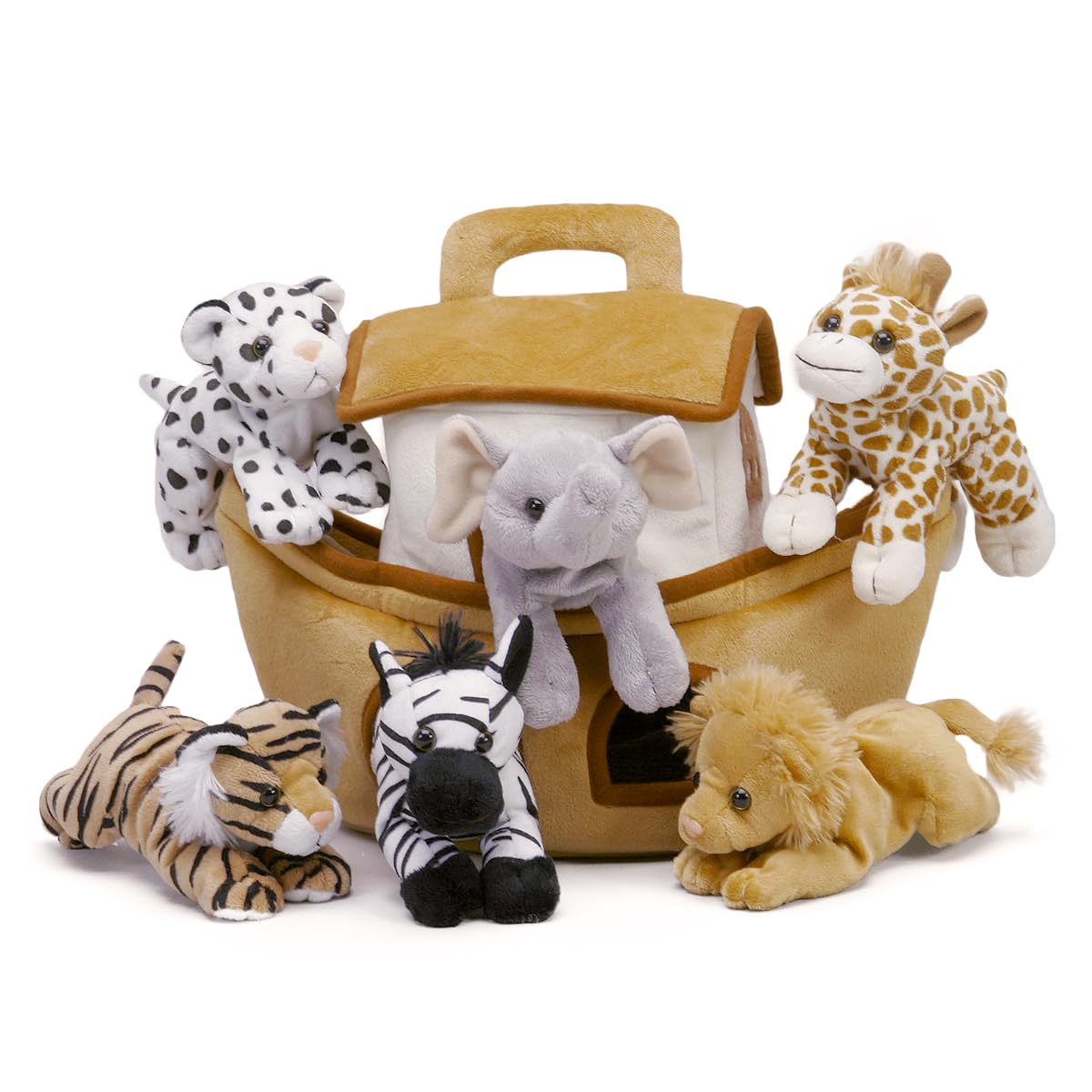 Plush Noahs Ark with Animals - Six (6) Stuffed Animals (Lion, Zebra, Tiger, Giraffe, Elephant, and White Tiger) in Play Ark Car