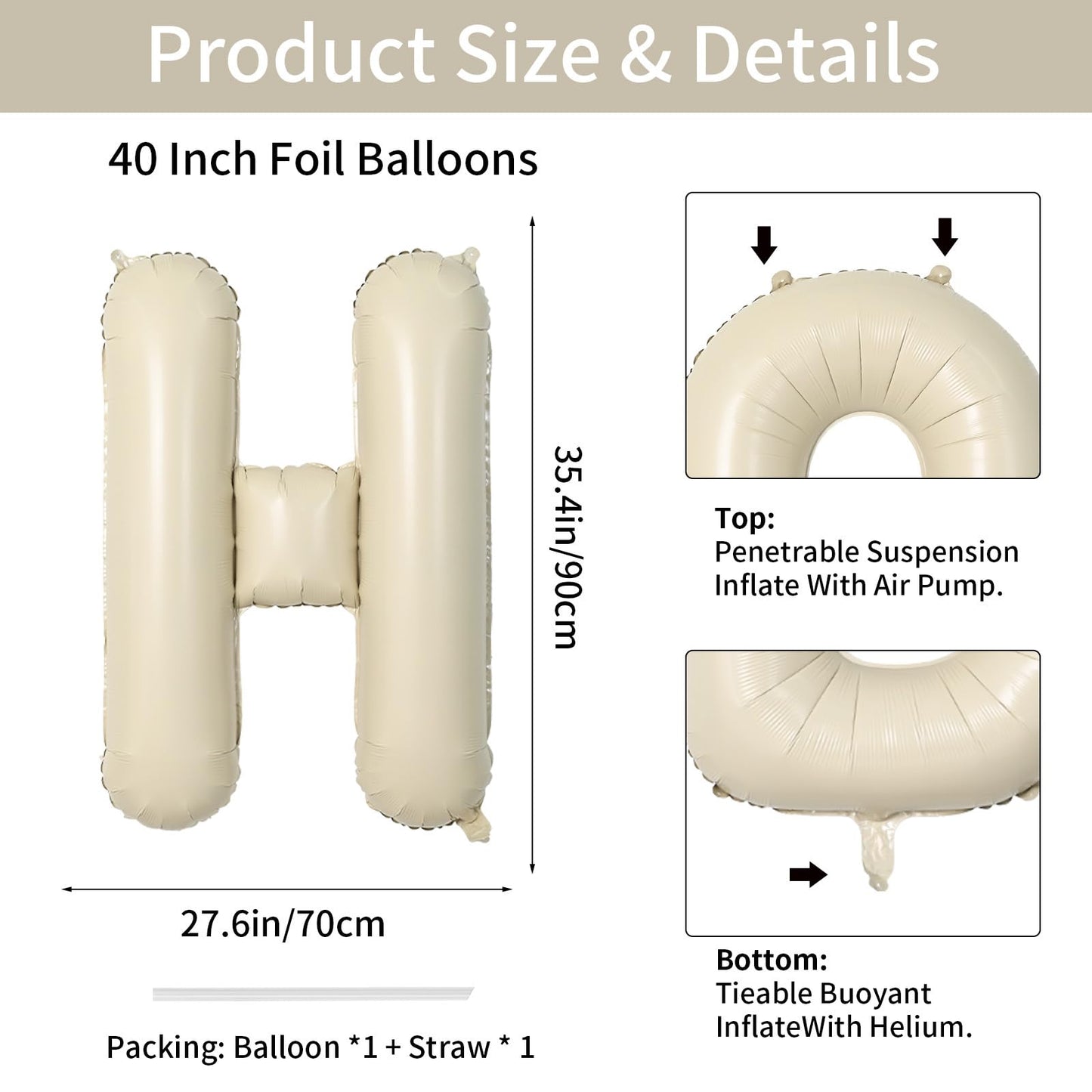 Biapian 40 Inch Letter H Balloons, Giant Cream H Foil Balloon, Big Single Alphabet A-Z Balloons, Beige Large Aluminum H Balloons