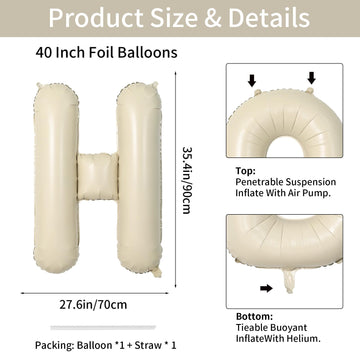 Biapian 40 Inch Letter H Balloons, Giant Cream H Foil Balloon, Big Single Alphabet A-Z Balloons, Beige Large Aluminum H Balloons