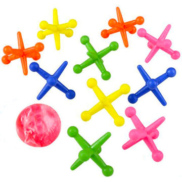 Artcreativity Big Neon Jacks Game, 6 Sets, Each Set With 10 Plastic Jacks And 1 Marbleized Rubber Ball, Vintage Toys, Fun Activity For Kids, Birthday Party Favors For Boys And Girls