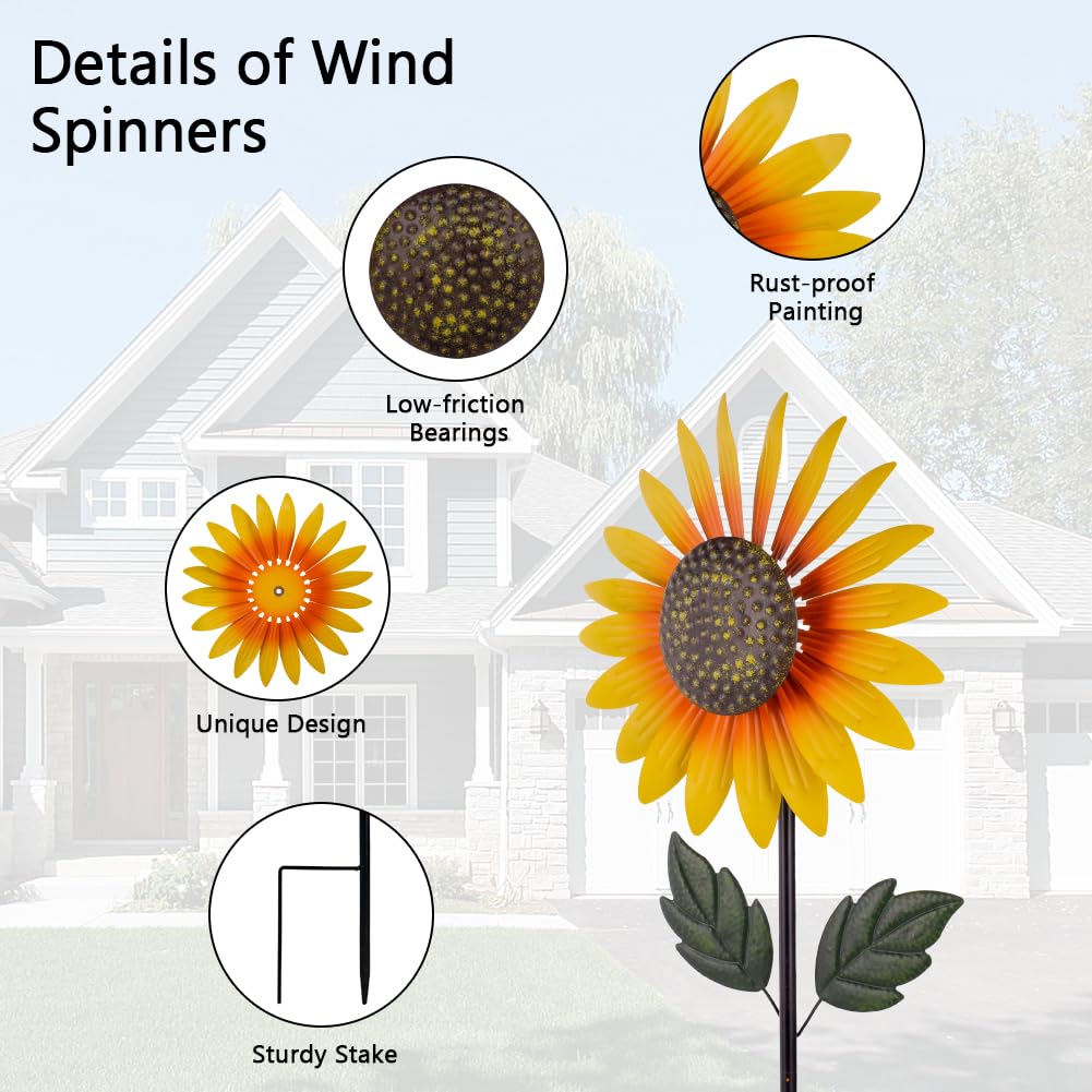 Venniy Yard Wind Spinner Outdoor,Garden Wind Spinners & Wind Sculptures,Sunflower Windmills Lawn Decor,Metal Flower Garden Pinwh