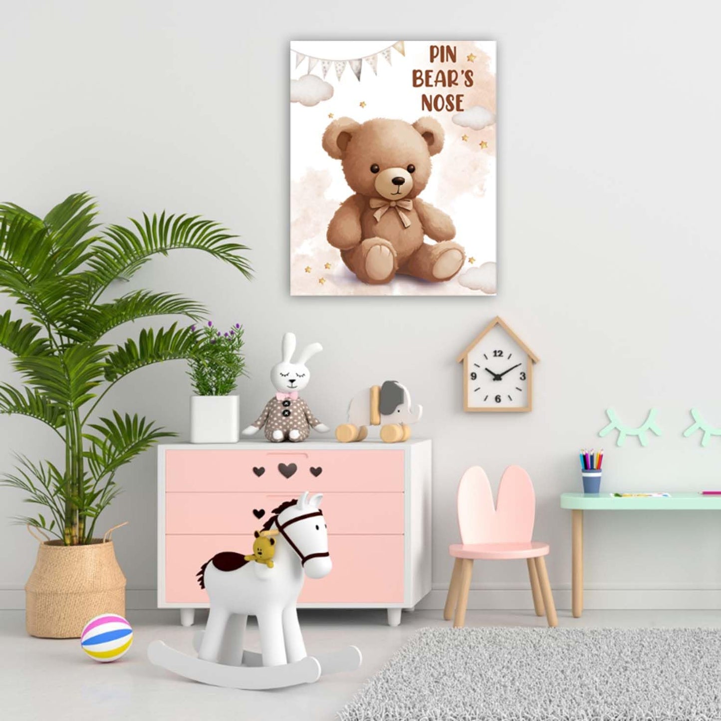 Pin The Noses On The Bear,Teddy Bear Party Game,Large Poster Wiht 24Pcs Noses Stickers For Kid'S Birthday Baby Shower Theme