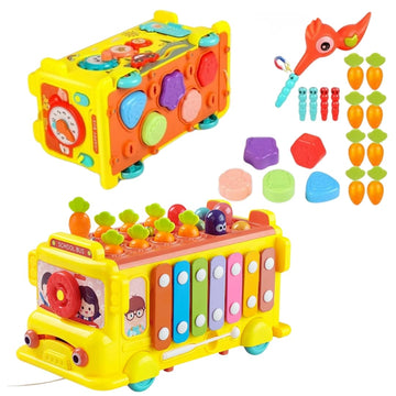 Pluspoint School Bus Activity Toy For Kids Educational Multifunctional Pull Along Bus With Gears, Teaching Clock, Fishing Game C