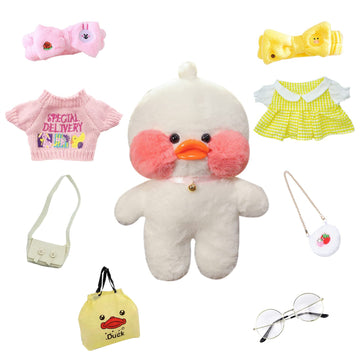 Lalafanfan Duck Plush 30Cm Cute Stuffed Animal, 8 Pcs Kawaii Accessories, Birthday Gifts (White Yellow)