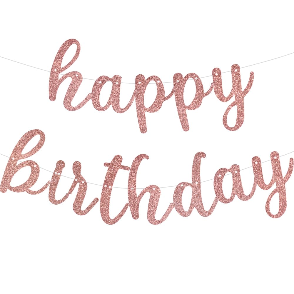 Rose Gold Happy Birthday Banner - No Diy - Rose Gold Birthday Party Banner In Script - Pre-Strung - Rose Gold Glitter Birthday G