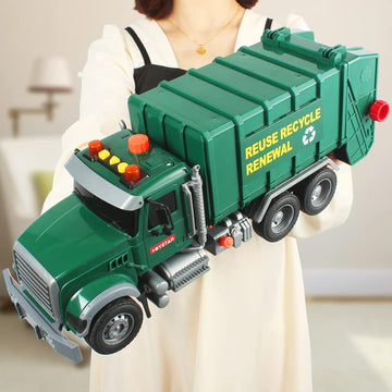 Dwi Dowellin Garbage Truck Toy - 15" Friction Powered with Lights, Sounds & 3 Trash Cans for Kids 3+ Years, Plastic, Fun Gift