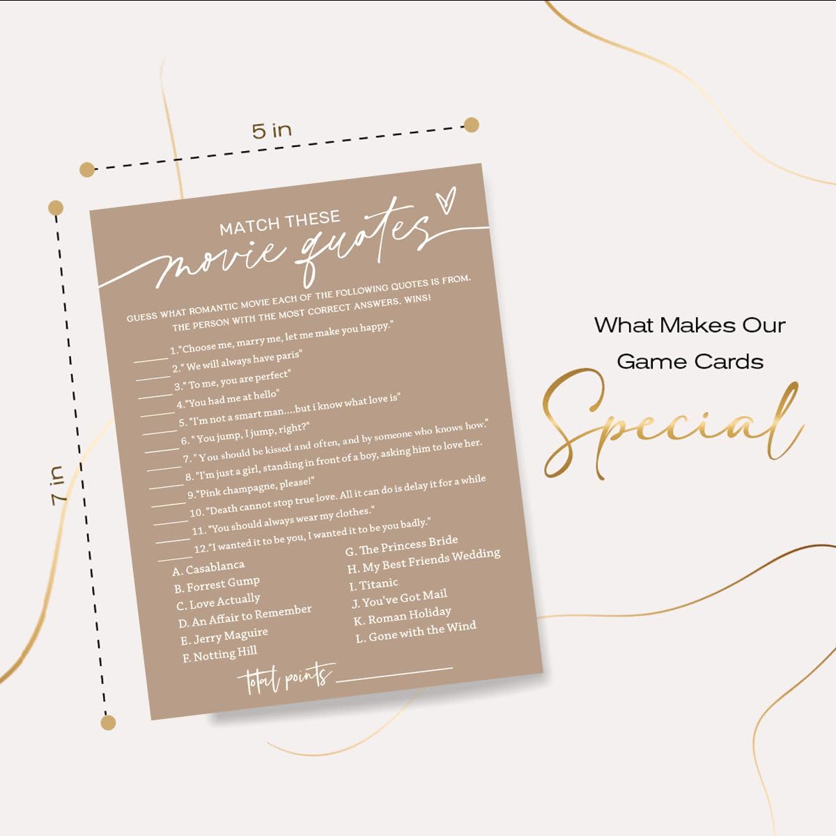 Bridal Shower Games Cards, Match These Movie Quotes, 25 Game Cards With 1 Answer Card, Engagement Party Wedding Games For Guests