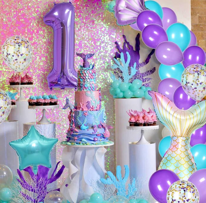 Msmancy Mermaid Birthday Decorations For Girls, 25Pcs Mermaid Party Supplies Set With Mermaid Tail, Shell, Star, Latex Balloons