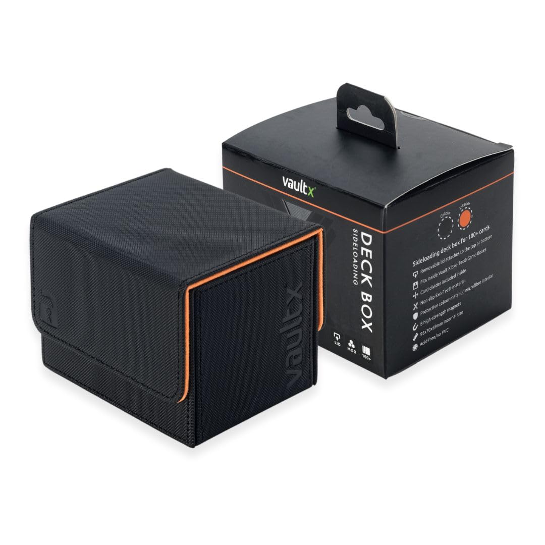 Vault X Exo-Tec® Modular Sideloading Deck Box Module For 100+ Tcg Cards. Detachable Magnetic Lid. Fits Commander & Standard Trading Cards. (Black/Electric Orange)