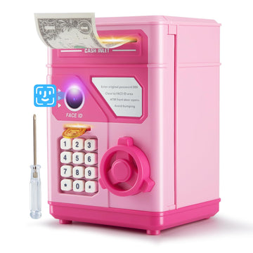 Electronic Piggy Bank For Kids Safe 2024, Pink Money Savings Bank With Password & Face Id Simulation, Mini Atm Safe Coin Bank Wi