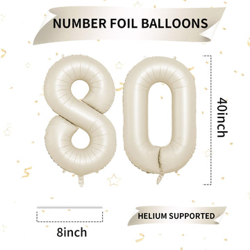 Biapian 40 Inch Cream Number 80 Balloon, 80Th Birthday Balloons, Big Digital 80 Beige White Giant 80 Foil Balloon Helium For Men