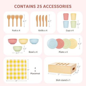 OOOK Wooden Play Dishes and Plates for Kids Kitchen Set, 25 PCS Wooden Play Kitchen Accessories, Play Montessori Kitchen Toy for