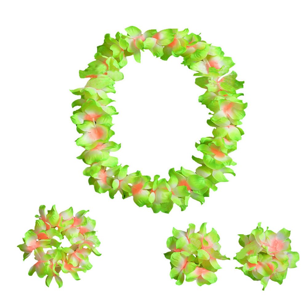 Hawaiian Luau Hula Grass Skirt With Large Flower Costume Set For Dance Party Decorations Favors (32'' - Green)