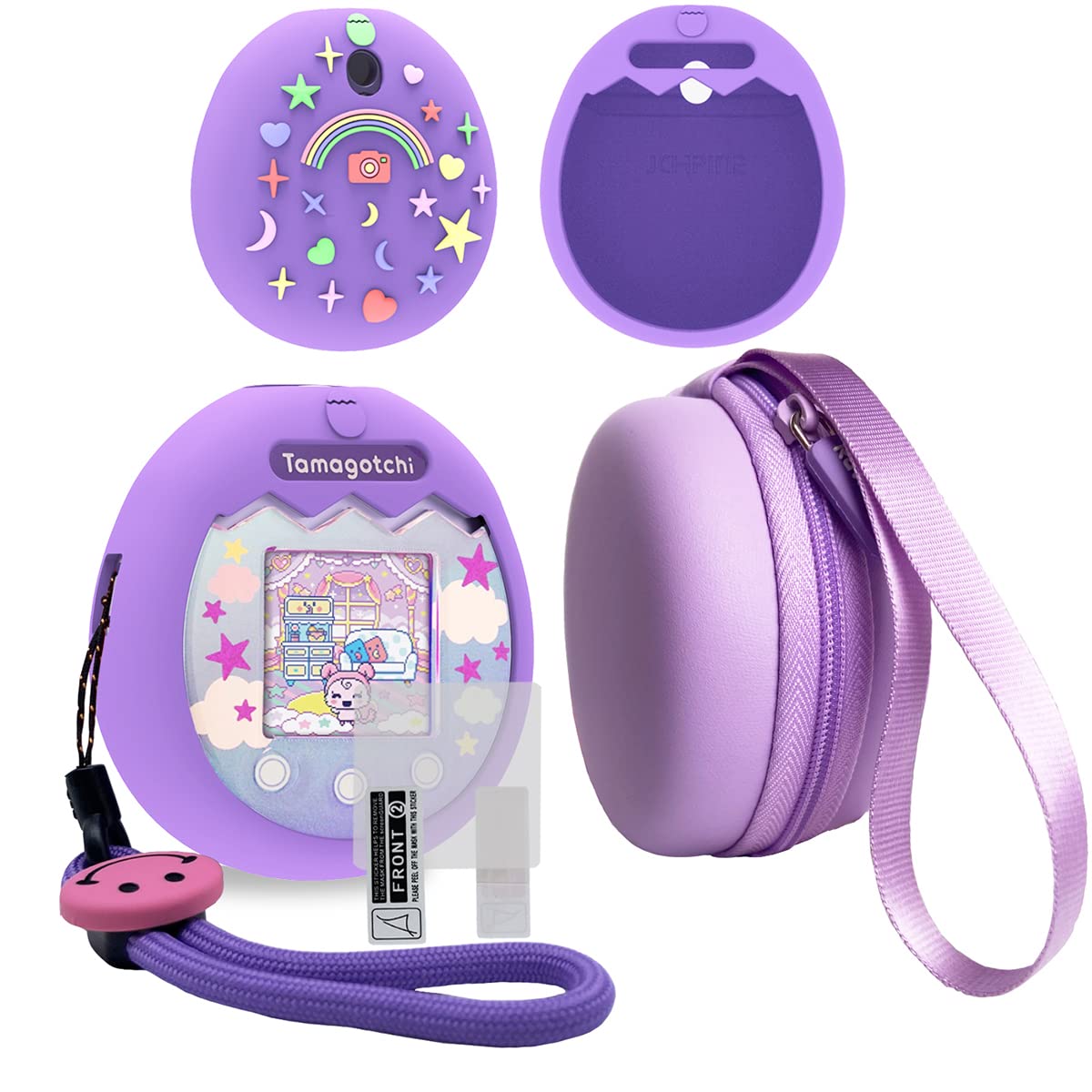 Jchpine Hard Carrying Case And Silicone Cover Compatible With Tamagotchi Pix Interactive Virtual Pet Game Machine, Screen Film Protector For Tamagotchi Pix Accessories (Purple)