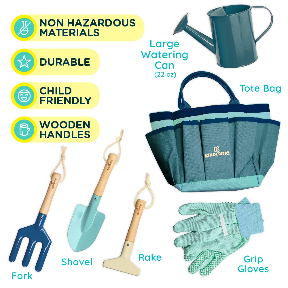 Kinderific Gardening Set for Kids - Tool Kit with Tote Bag, Spade, Watering Can, Rake, Fork, Trowel & Gloves - Blue - Model KM1GS06Y