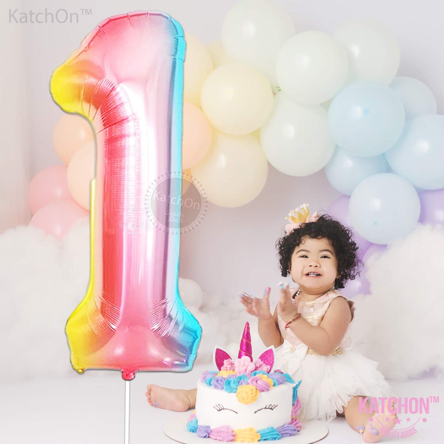 Katchon, Giant 40 Inch, Rainbow Number 1 Balloons - Number One Balloon For First Birthday | Foil Rainbow 1 Balloon For First Birthday | Rainbow 1 Year Old Balloon | First Birthday Decorations For Girl