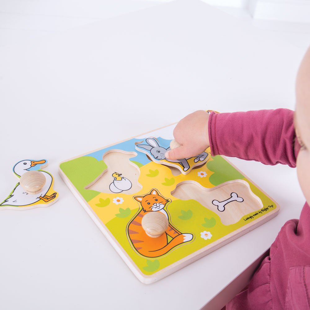 Bigjigs Toys Wooden Peg Puzzle Pets - Quality Peg Puzzle For 1 Year Old, Fine Motor Skills Toys For Babies & Toddlers, First Animal Jigsaw Puzzle