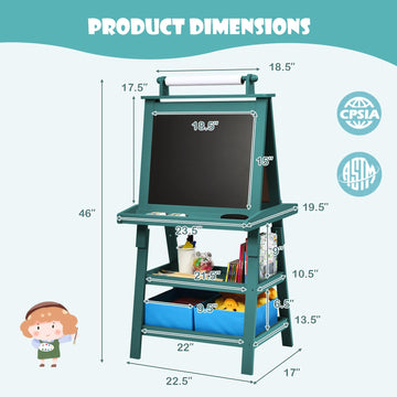 Honey Joy Art Easel For Kids, 3-In-1 Double-Sided Wooden Toddler Easel W/Magnetic White Board & Chalkboard, Paper Roll, 2 Storage Bins, Painting Dry Erase, Kids Easel For Boys Girls Aged 3+ (Blue)