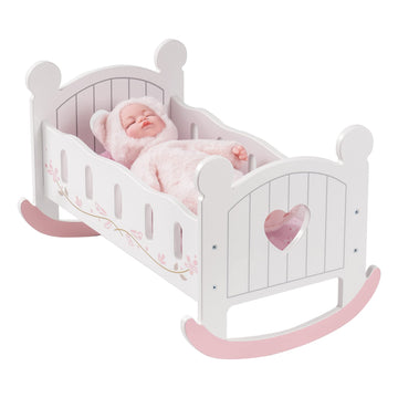 Robotime Wooden Play Doll Cradle Rocking Baby Doll Crib, Reversible Doll Bedding For Toddler Girl,Fits Dolls Up To 20 Inches (Wh