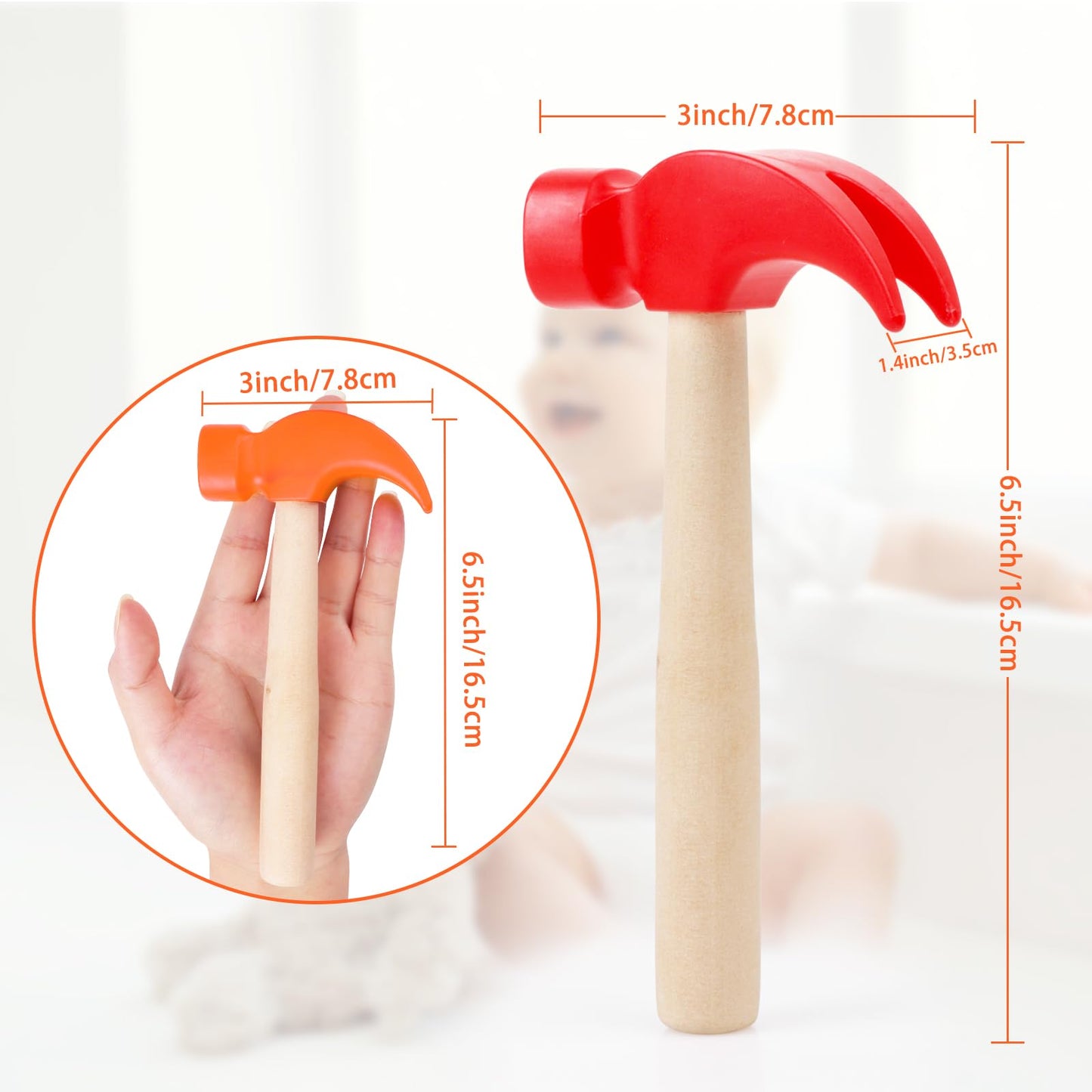 2 Pack Wooden Hammer Toys Simulation Hammers Maintenance Tools Educational Toys for Kids Birthday Party Games Supplies (Red + Or