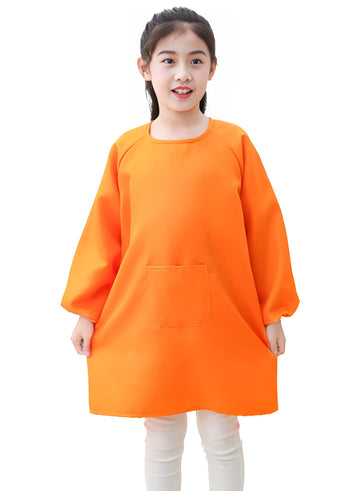 Lauthen.S Kids Art Smocks,Artist Painting Aprons Long Sleeve With Pocket For Toddler 8-12 Years(Orange)