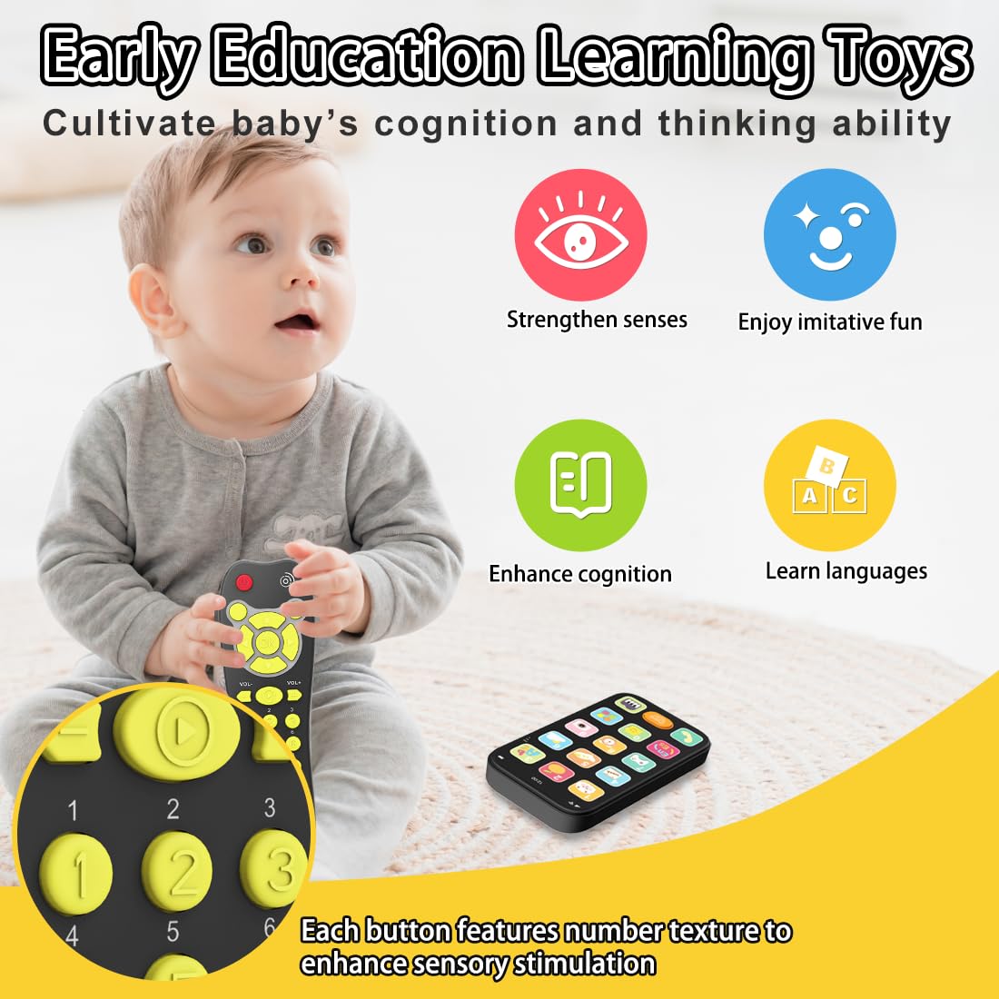 Toy Phone Baby Remote Control Toy Set, Play Phones Tv Remote Control With Music Light For 6+ Months, Early Learning Baby Toys Gift For 1 Year Old Boys Girls Kids Toddler Infant, English/Spanish, Black