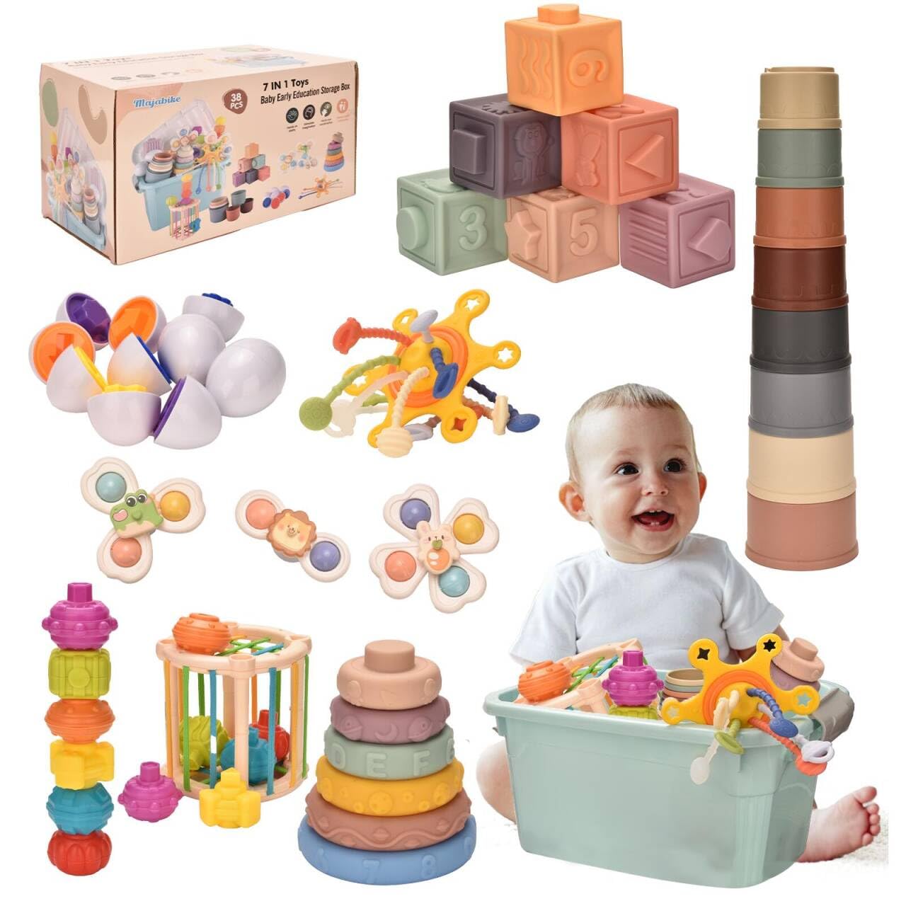 Montessori Toys For 1 Year Old,Baby Toys 6-12 Months,Stacking Building Blocks & Soft Infant Teething Toys & Matching Eggs For To