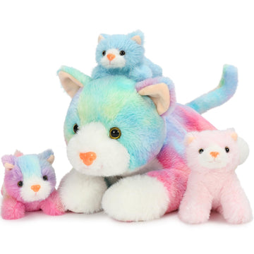 Muiteiur 4 Piece Cats Stuffed Animals, 15.7 Inch Mom Plush Cat With 3 Kittens Stuffed In Zipper Pouch, Cute Rainbow Mom And Baby