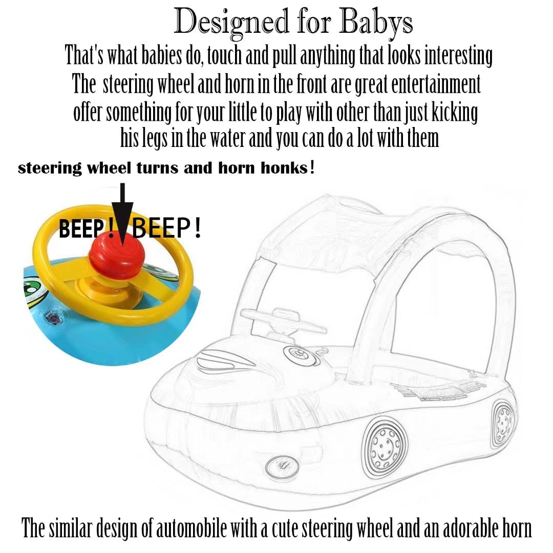 Baby Pool Float With Canopy Summer Steering Wheel Sunshade Swim Ring Car Inflatable Toys Infants Float Seat Boat For Kids Toddlers (Color Blue)