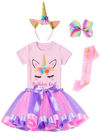 Doctor Unicorn Birthday Girls Unicorn Costume Outfit Rainbow Tutu, Unicorn T-shirt, Satin Sash, Hair Bow & Headband Purple Pink/