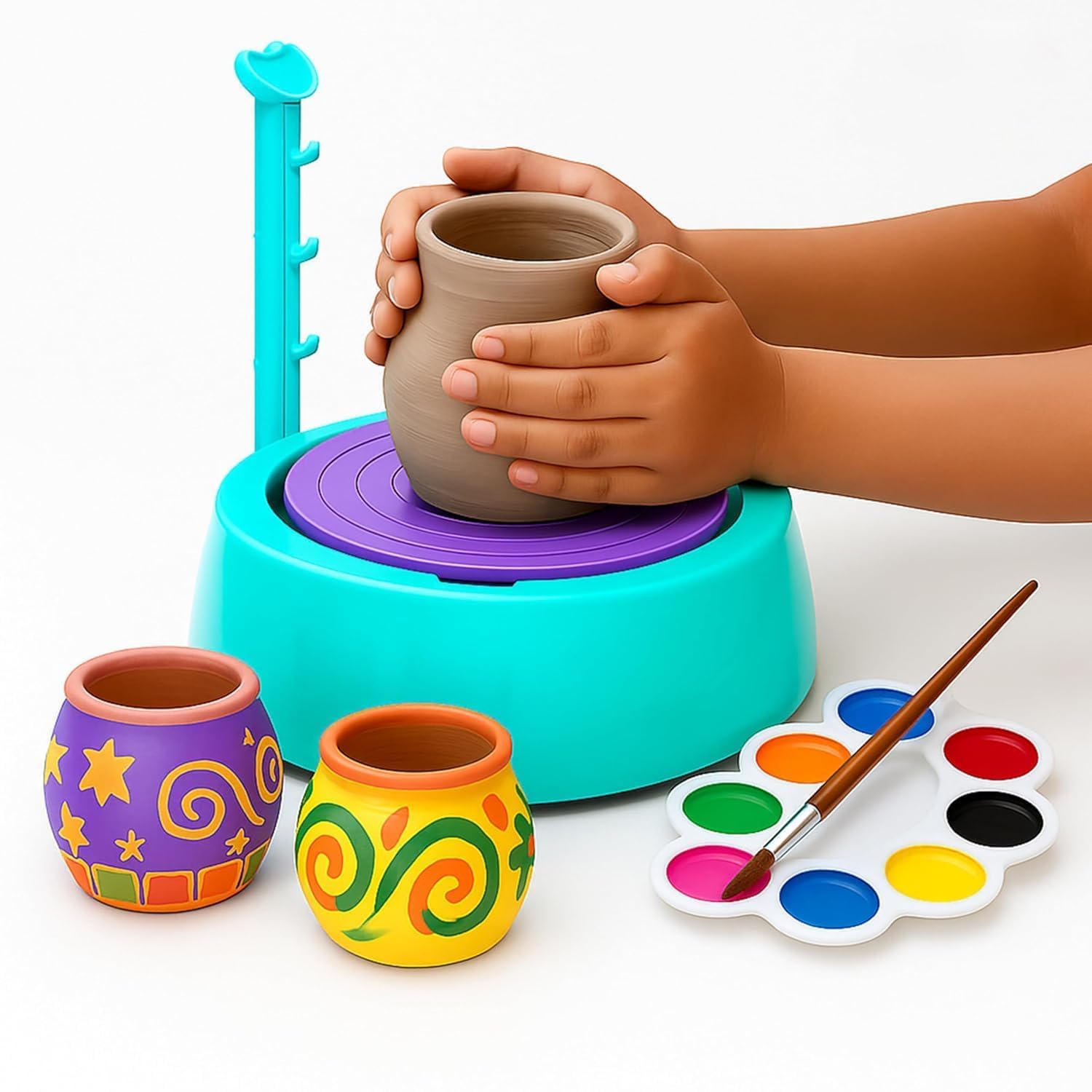 Famello Kids Pottery Wheel Kit Battery Operated Pottery Making & Painting Set With Modeling Clay, Sculpting Tools, Arts & Crafts