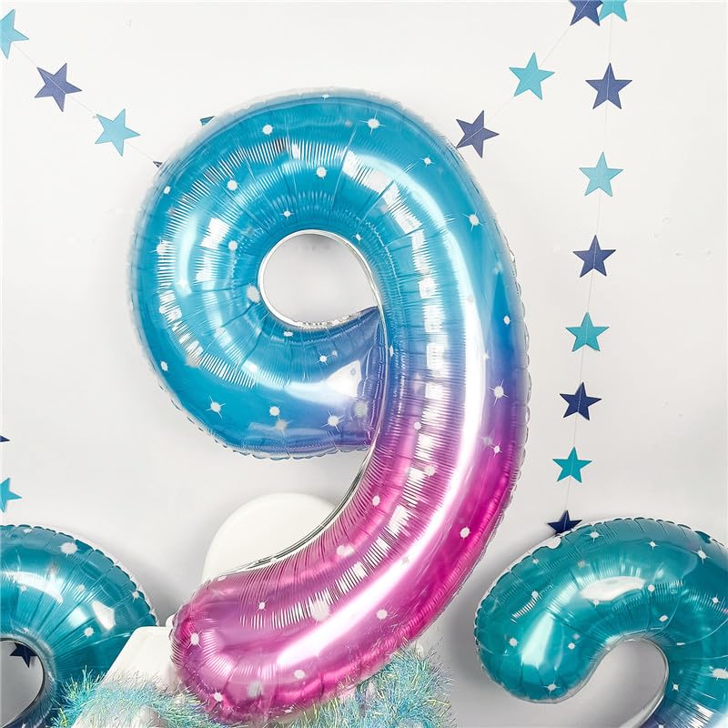 Mermaid Starry Number 9 Balloons, 40 Inch Large Purple Blue Pink Foil Number Balloons Set 0-9 For Girls, Globos De Numero 9 Heli