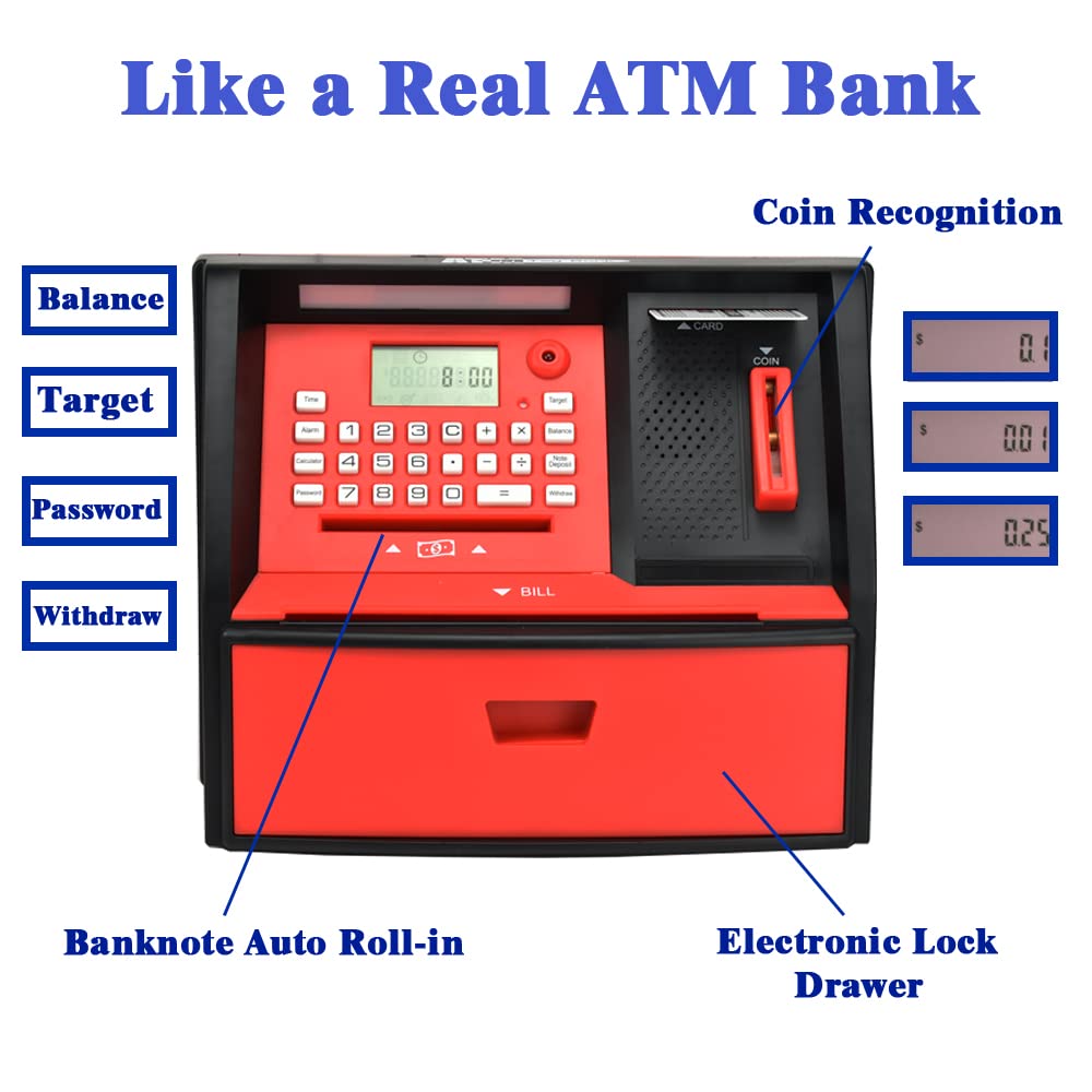 Atmbnk Interactive Atm Piggy Bank For Kids, Safe Money Saving Toy With Password Protection, Coin Recognition, Bill Insertion, For Boys And Girls Aged 5-12 (Black/Red)