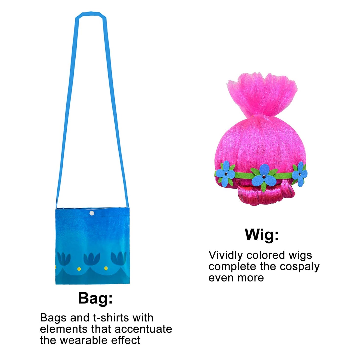 Miltrs Princess Poppy Dresses Costume Set Rainbow Tutu Dress For Girls Cosplay Halloween Outfits Birthday Party With Bag Wig