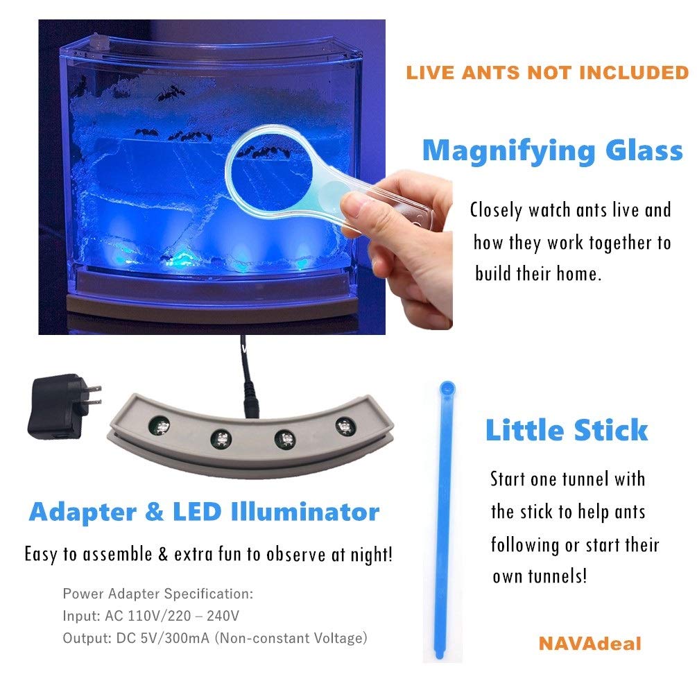 Navadeal Ant Farm Habitat For Kids W/ Led Light – Stem Toys, Educational & Science Kit With Nutrient Blue Gel, Observing Ants Create 3D Tunnels To Study Ants Behaviors & Ecosystem ( Ants Not Included)