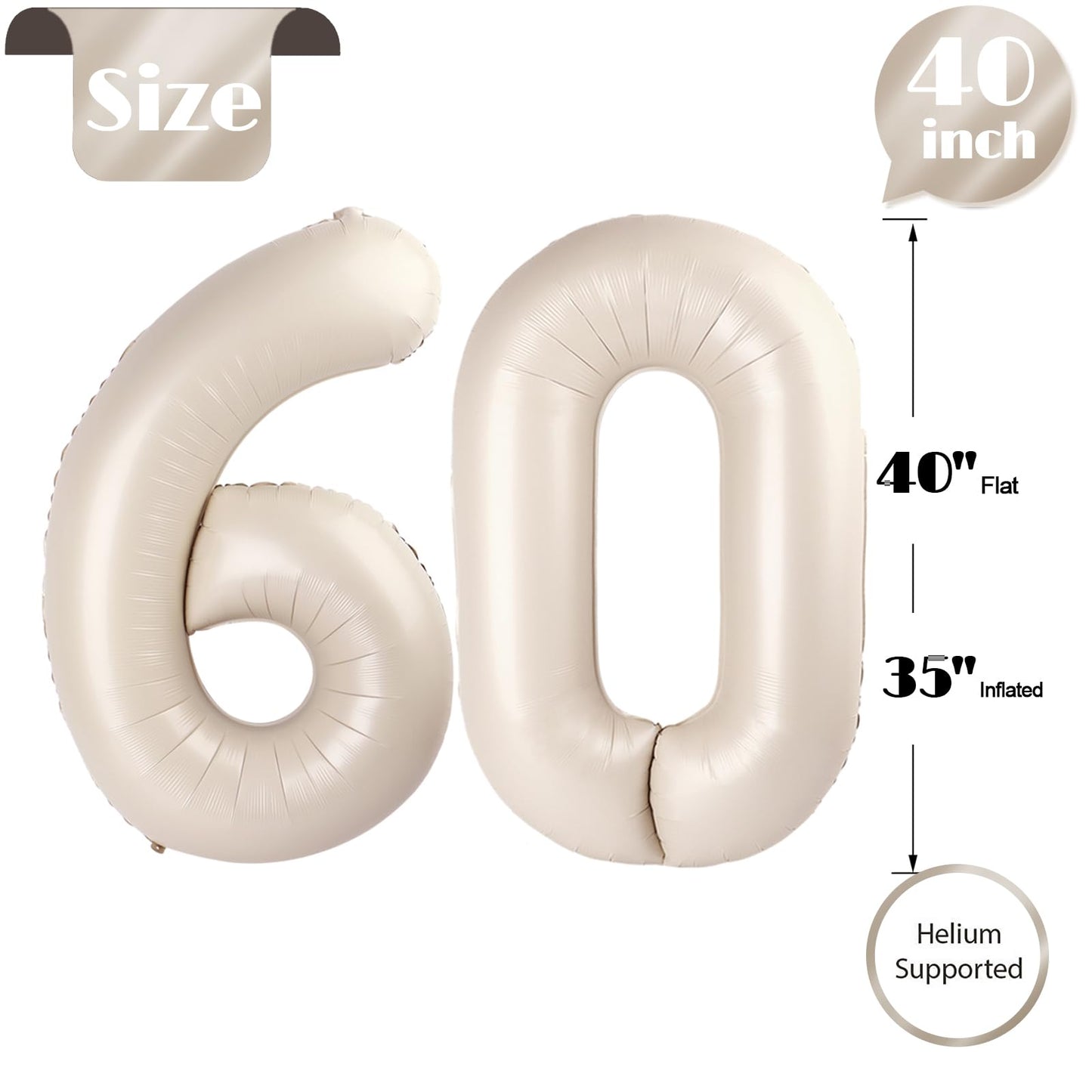 60 Balloon Number, Cream White Number 60Th Birthday Balloons 40 Inch, 60 Years Old Cream White Birthday Decorations For Men Wome