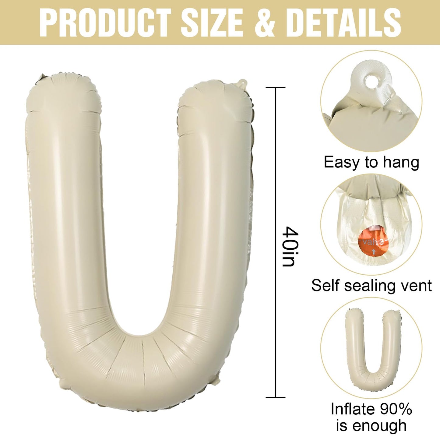 Letter Balloons Beige,40 Inch Letter U Balloons,A-Z Alphabet Name Foil Balloons,Big Single Cream Aluminum U Word Balloons Helium