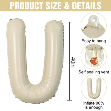 Letter Balloons Beige,40 Inch Letter U Balloons,A-Z Alphabet Name Foil Balloons,Big Single Cream Aluminum U Word Balloons Helium