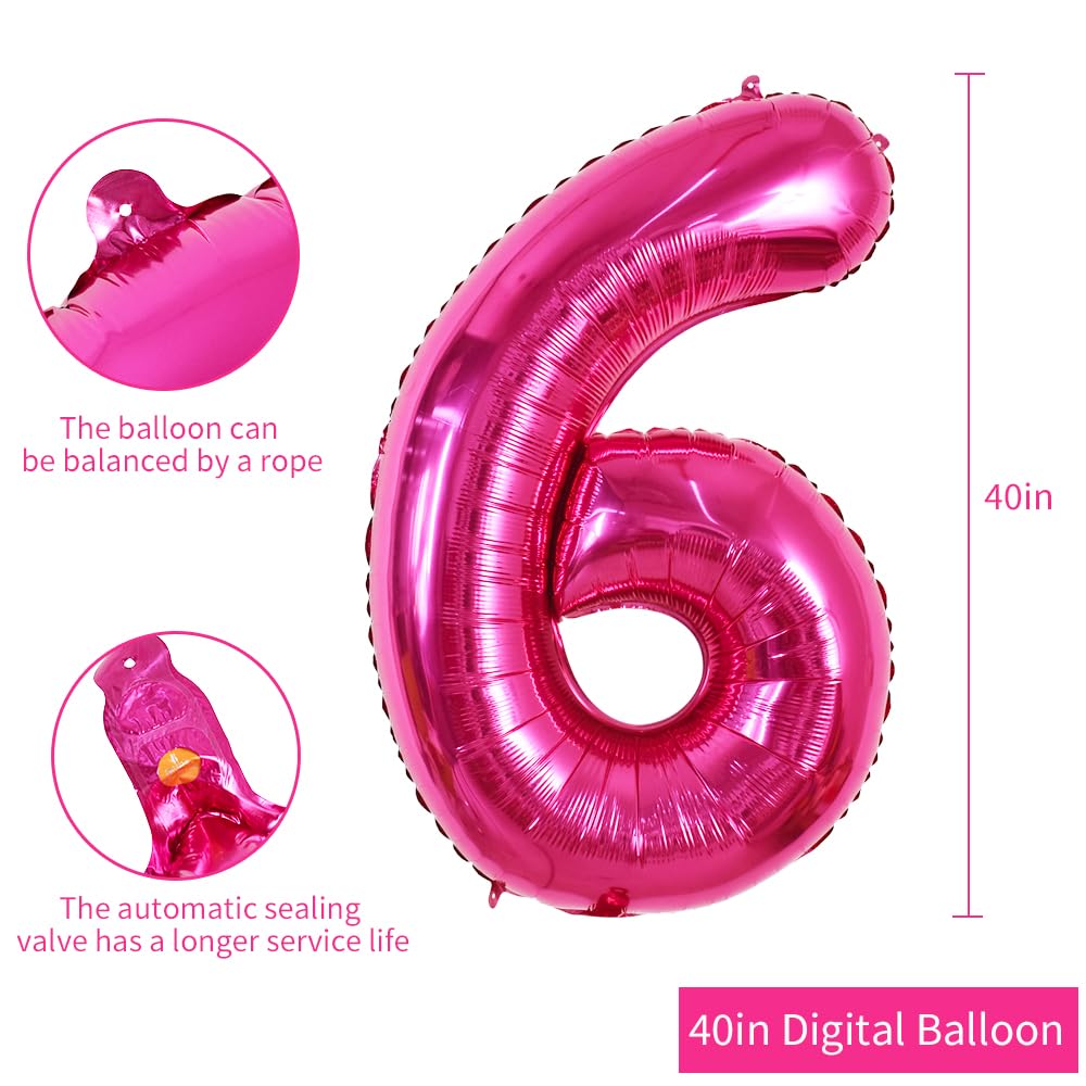 Toniful 40 Inch Hot Pink Large Numbers Balloon 0-9 Birthday Party Decorations,Foil Mylar Big Number 6 Balloon Digital 6 For Birt