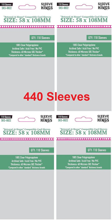 Sleeve Kings ''Betrayal At House Compatible'' Sleeves 58 X 108 Mm (4X110 Pack, 440 Sleeves)