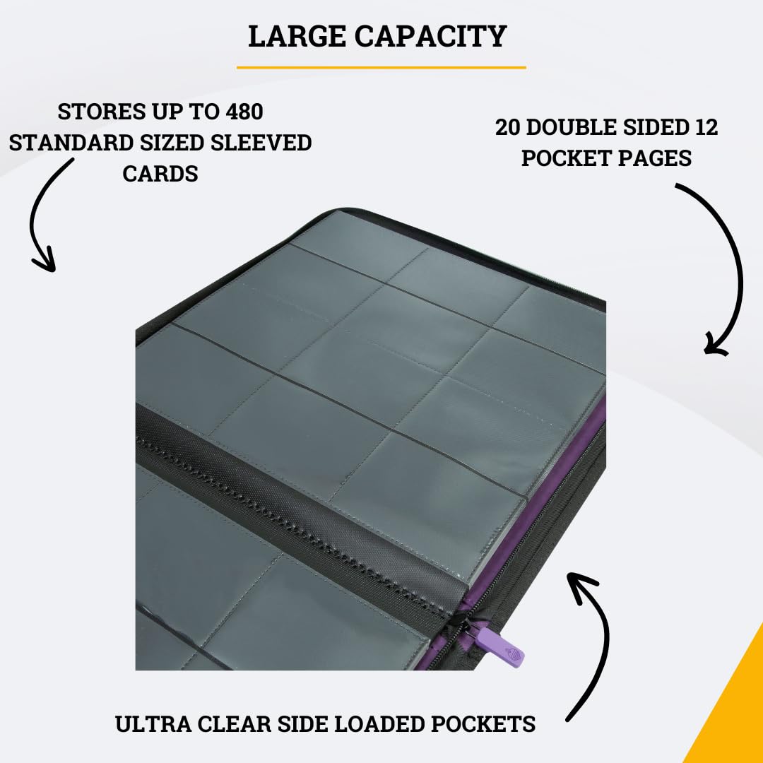 Card Guardian - 12 Pocket enhanced Binder with Zipper for 480 Cards - Side Loading Pockets for Trading Card Games TCG (Purple)