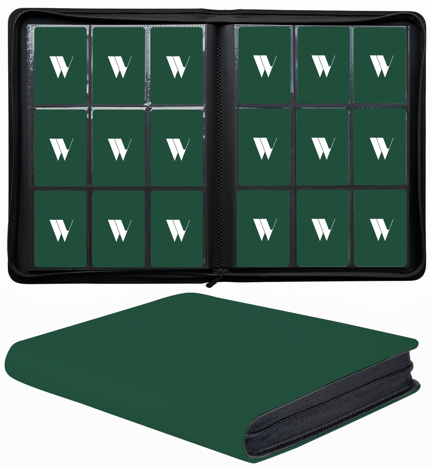 WUTONMU enhanced 9-Pocket Zippered Trading Card Binder  540 Pockets Double-Sided Side-Loading Card Organizer Album  PU Leather Card Holder Protector for MTG  TCG  Sports Cards (Green)