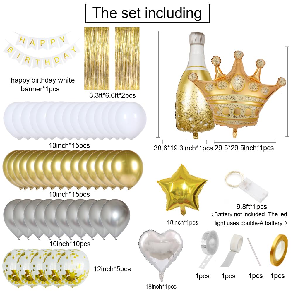 Msmancy White And Gold Birthday Decorations For Women Men 53Pcs With Happy Birthday Banner Curtains Bottle Crown Heart Star Led