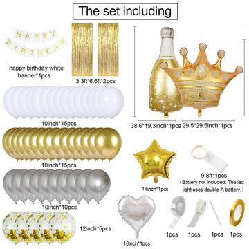 Msmancy White And Gold Birthday Decorations For Women Men 53Pcs With Happy Birthday Banner Curtains Bottle Crown Heart Star Led