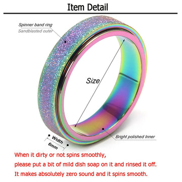 Anxiety Ring For Women Fidget Spinner Ring Fidget Toys Adults Titanium Stainless Steel Thumb Ring 6Mm Wide Rainbow Size 10