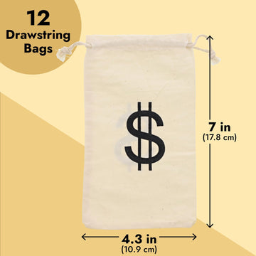 Juvale 12 Pack Dollar Sign Drawstring Gift Bags, Cowboy Pirate Theme Birthday Party Favor Canvas Pouches, 4.3 x 7 in