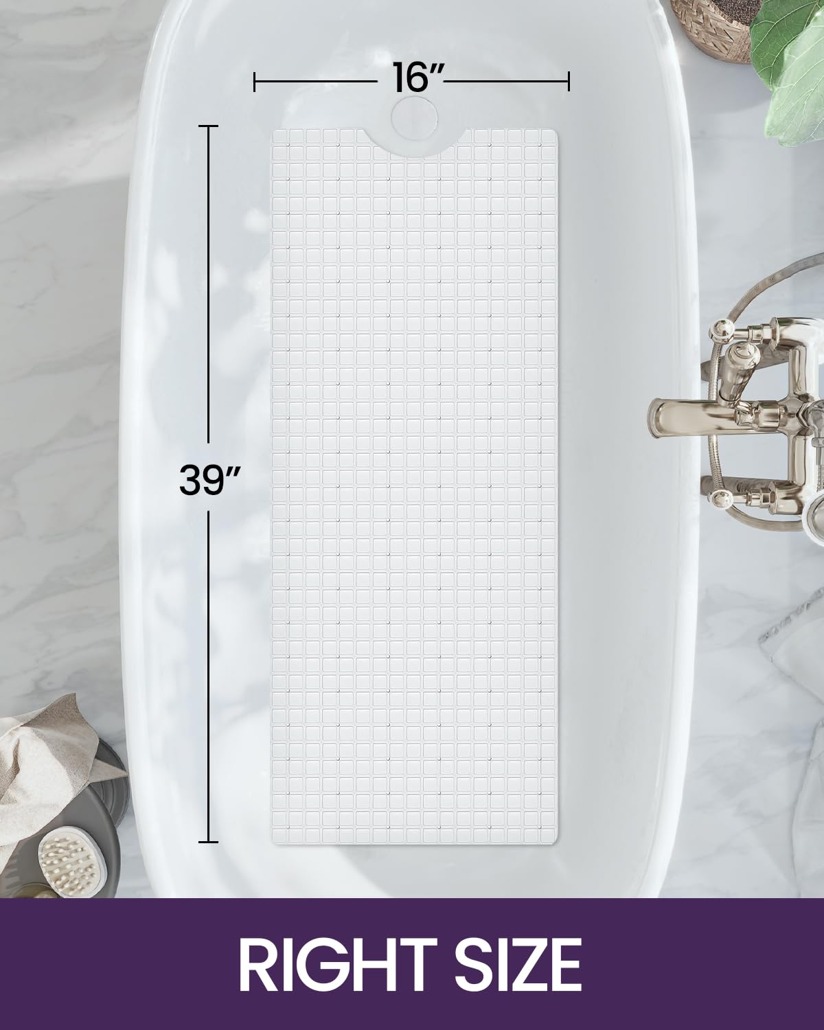 Dexi Bath Tub Shower Mat Non-Slip 16 X 39 Extra Long Bathtub Mats, Suction Cups, Drain Holes, Machine Washable Bathroom Mat, Whi