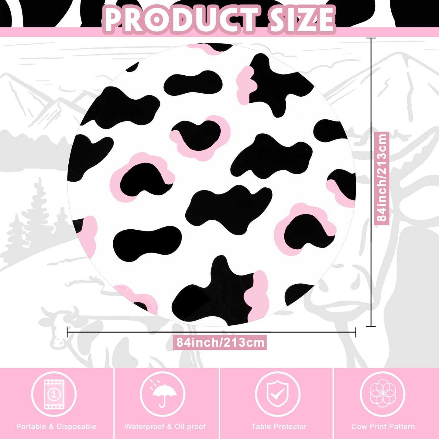 Oudain 3 Pcs Pink Cowgirl Cow Themed Table Cover Plastic Round Cow Themed Tablecloth 84 Inch Farm Animal Tablecloth Disposable B